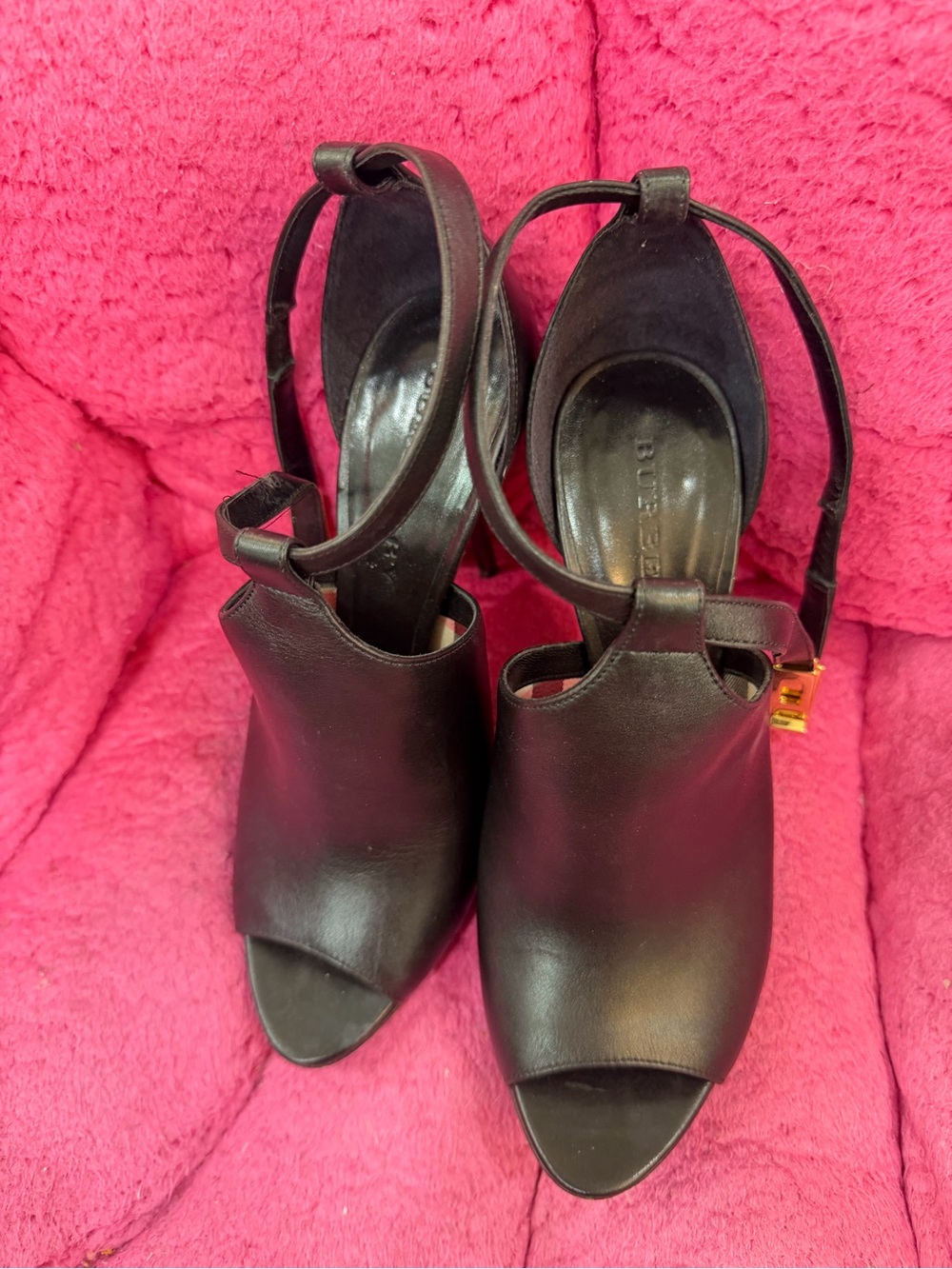 Burberry Black Leather Open-Toe Ankle Strap Heels